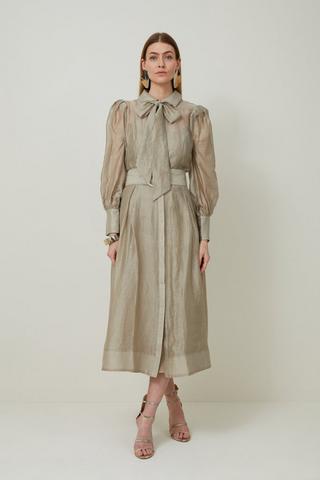 Product Linen Blend Organdie Woven Pussybow Midaxi Dress champagne