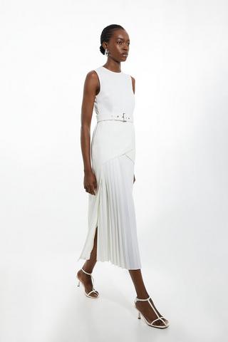 Product Petite Ponte And Georgette Jersey Pleated Maxi Dress ivory