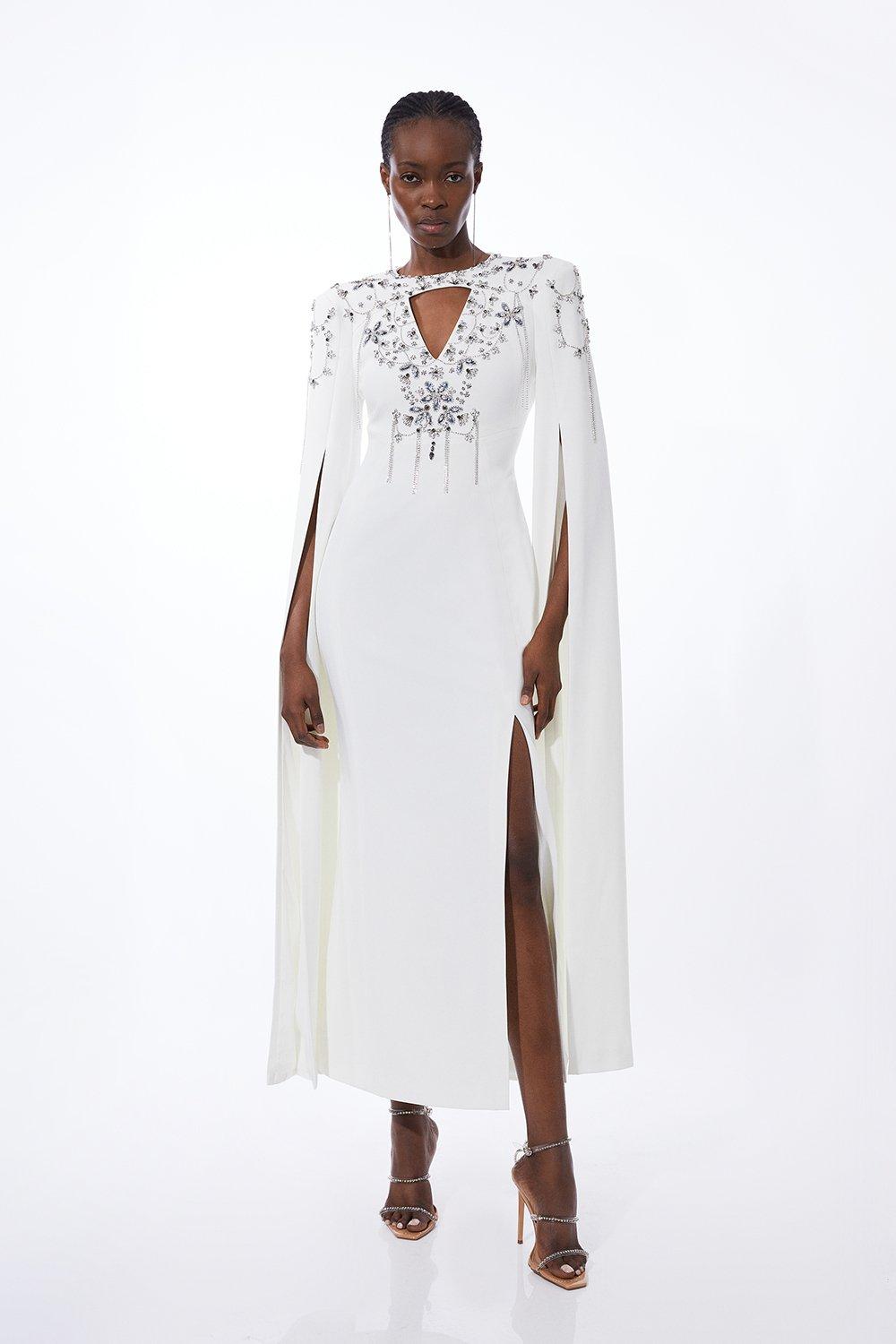 crystal embellished cady woven cape maxi dress