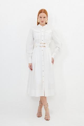 Product Cotton Sateen Button Detail Woven Midi Shirt Dress white