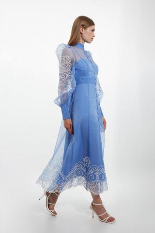 Product Embroidered Floral Woven Button Up Maxi Dress blue