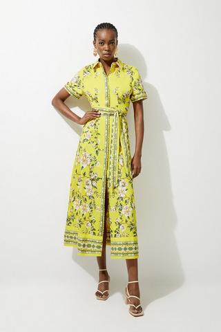 Product Cotton Sateen Floral Placed Print Woven Midi Shirt Dress chartreuse