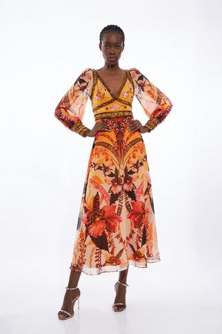 Product Placed Floral Embroidered And Beaded Woven Midi Dress orange