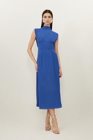 Product Georgette Belted Pin Tuck Midi Dress cobalt