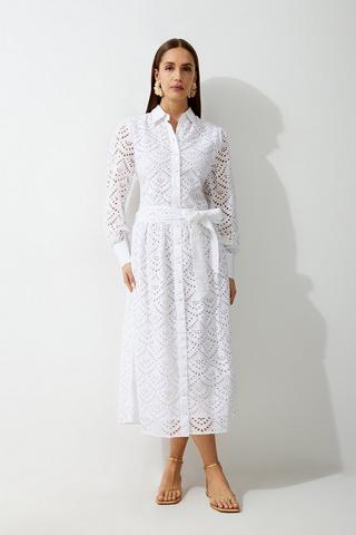 Product Cotton Broderie Woven Midi Shirt Dress white