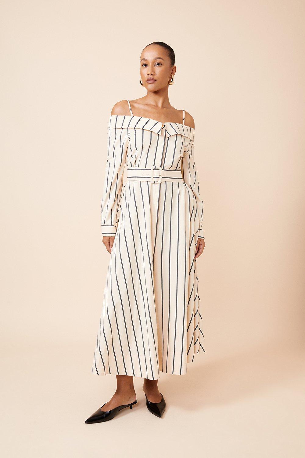 Dresses | Cotton Stripe Bardot Woven Shirt Dress | KarenMillen