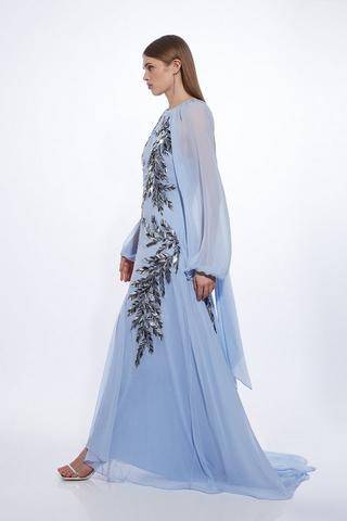 Product Feather Embellished Woven Long Sleeve Maxi Dress blue