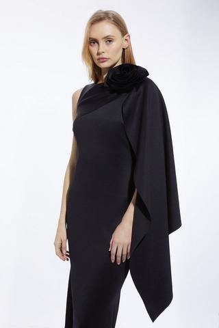 Product Scuba Crepe Dramatic Rosette Woven Cape Midi Dress black