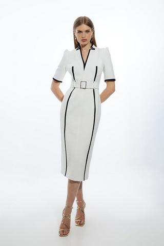 Product Compact Stretch Contrast Tipped Forever Belted Tailored Midi Dress ivory