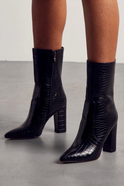 Croc Heeled Ankle Boots