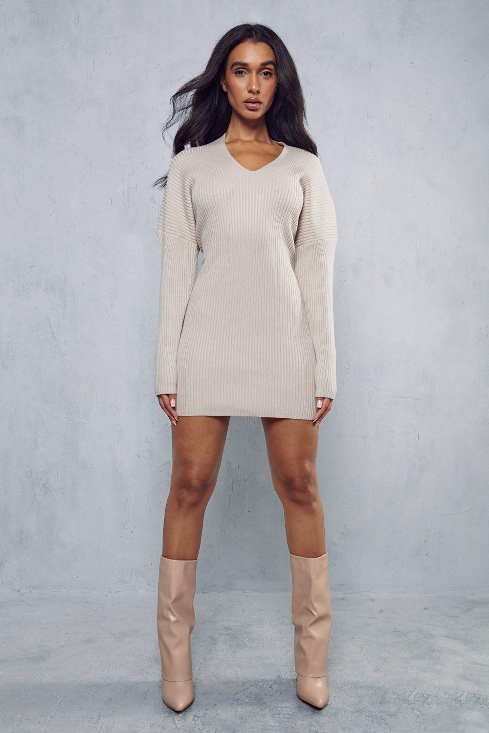 V Neck Puff Sleeve Knitted Dress