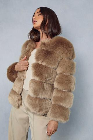 KAREN MILLEN Petite Faux Fur Cocoon Short Coat in Dark Tan