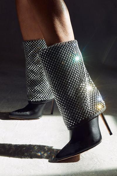 Diamante Folded Knee High Boots