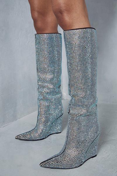 Premium Diamante Knee High Wedged Boots