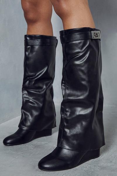Folded Lock Detail Knee High Boots