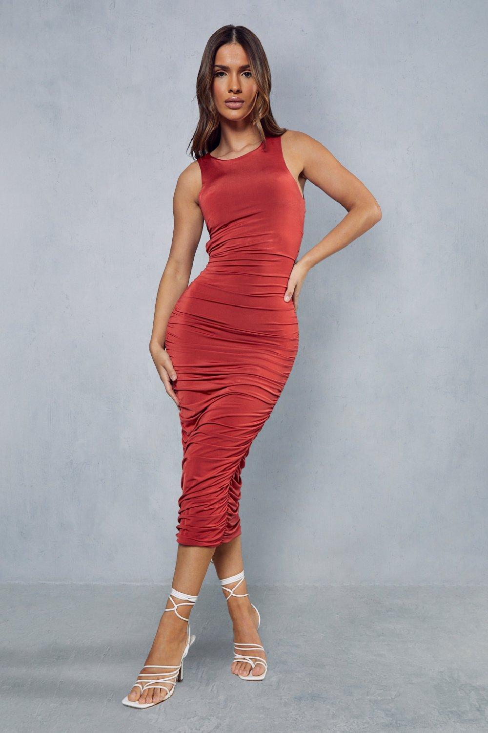 Double Layer Slinky Ruched Open Back Racer Midi Dress