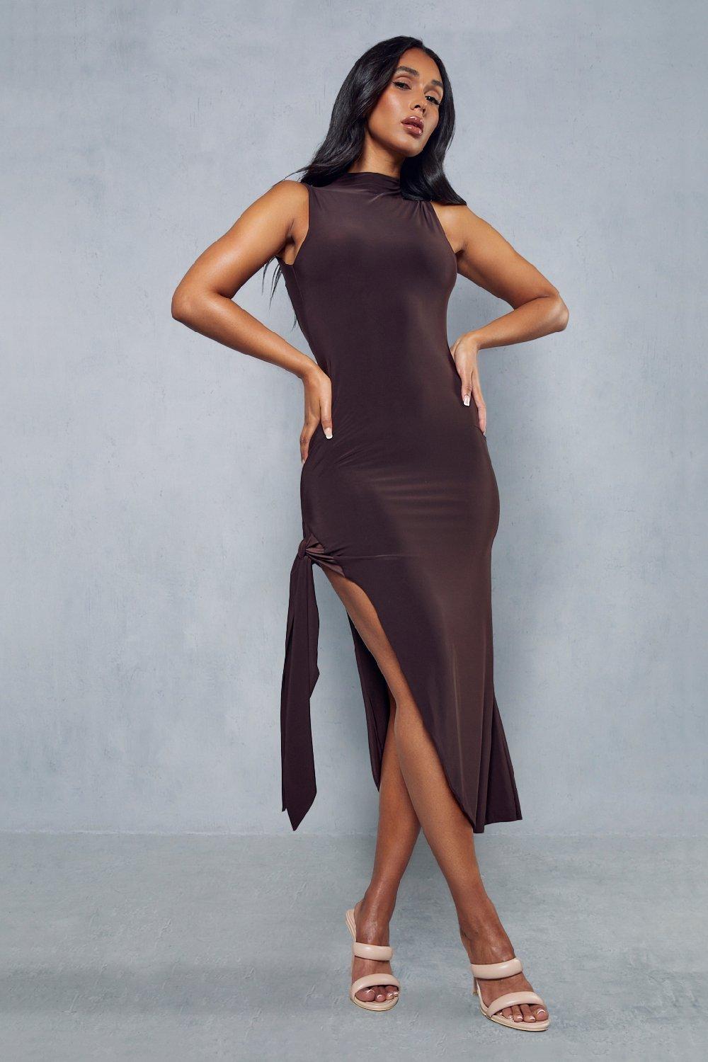 Double Layer Slinky Backless Cut Out Midi Dress