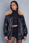MissPap Fur Collar Oversized Leather Look Bomber Jacket thumbnail 1