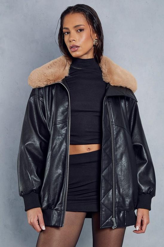 MissPap Fur Collar Oversized Leather Look Bomber Jacket 1