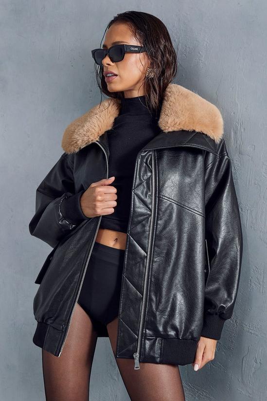 MissPap Fur Collar Oversized Leather Look Bomber Jacket 5