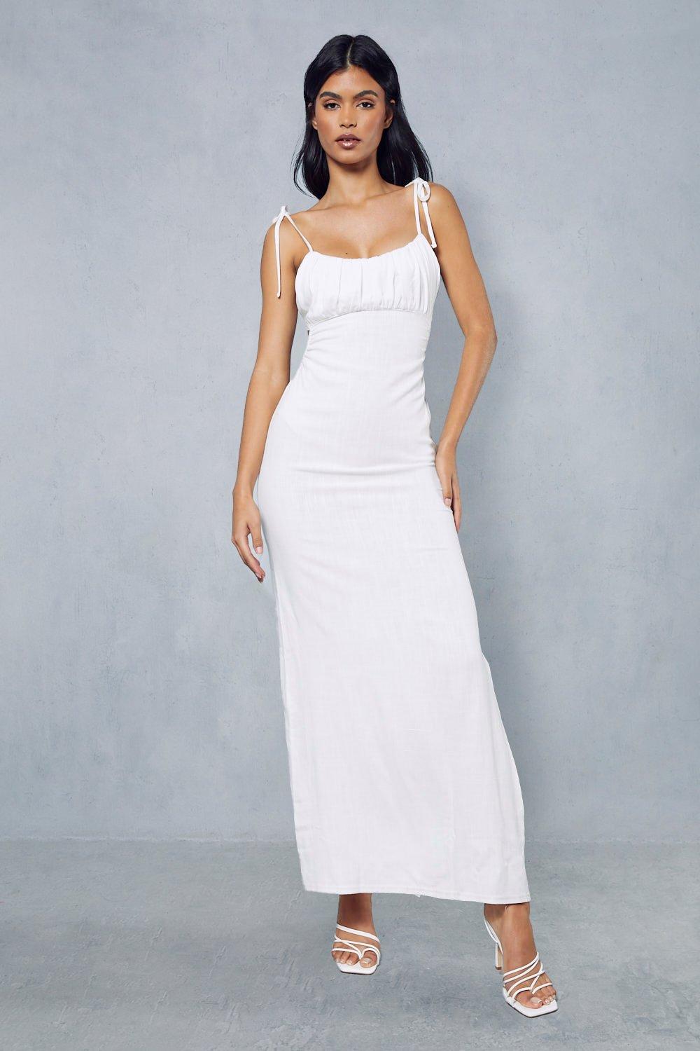Linen Look Ruched Bust Backless Maxi Dress
