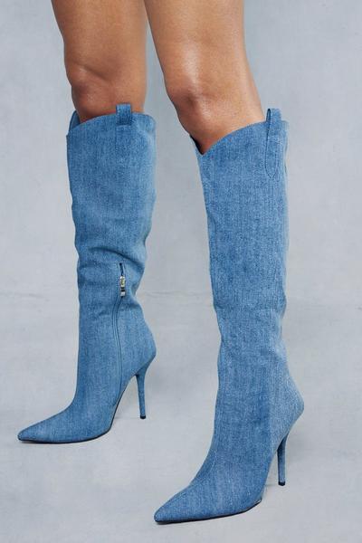 Denim Western Knee High Boots