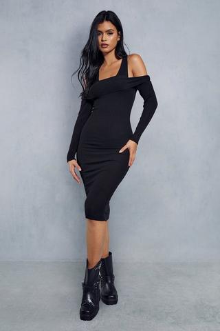 Wide Shoulder Knitted Midaxi Dress - Black
