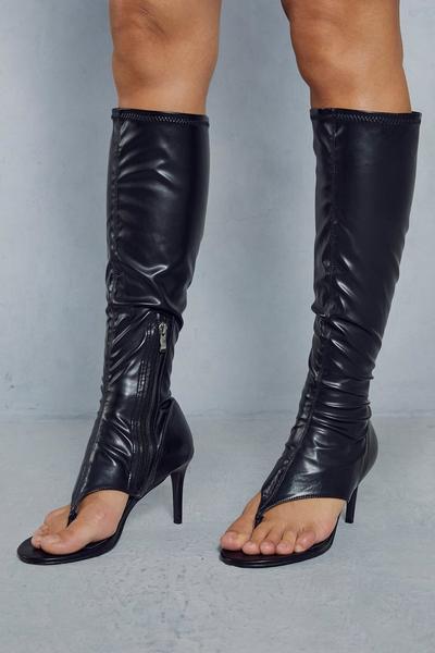 Leather Look Thong High Heel Boots