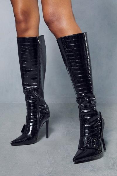 Leather Look Croc Heeled Boots