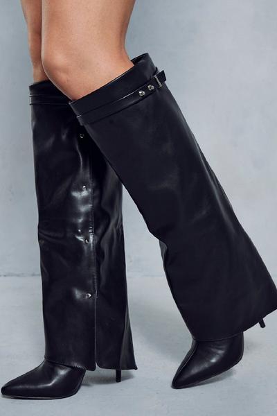 Leather Look Fold Over Pointed Boots