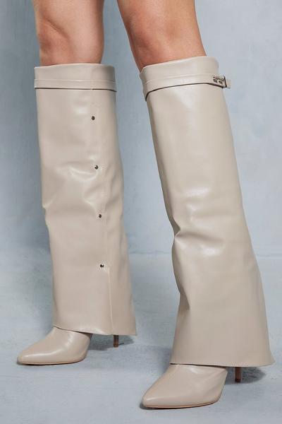 Leather Look Fold Over Pointed Boots