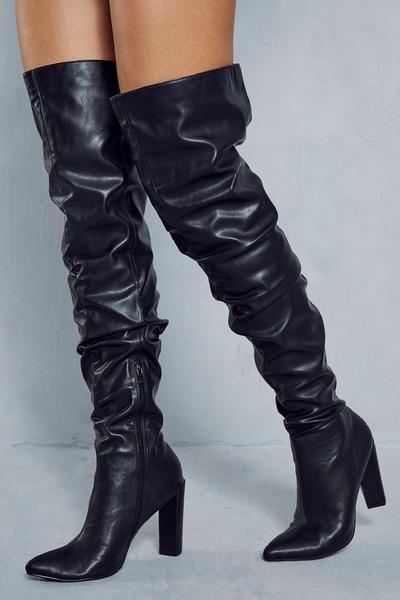 Leather Look Ruched Over The Knee Boots