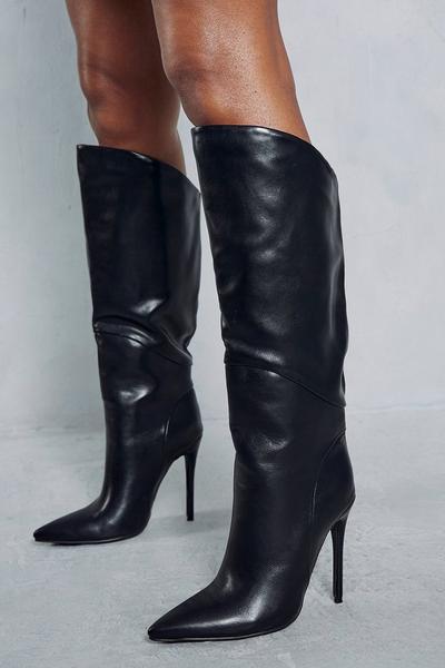 Leather Look Dipped Knee High Boots