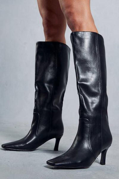 Leather Look Knee High Low Heel Boots