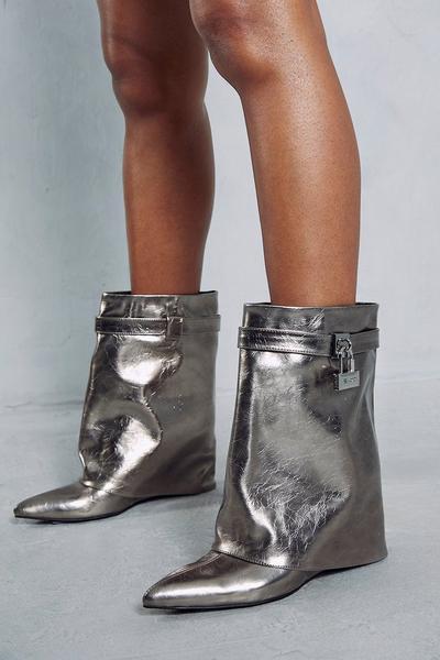 Metallic Fold Over Padlock Knee High Boots