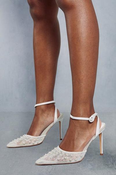 Pearl Embellished Tulle Pointed Heels