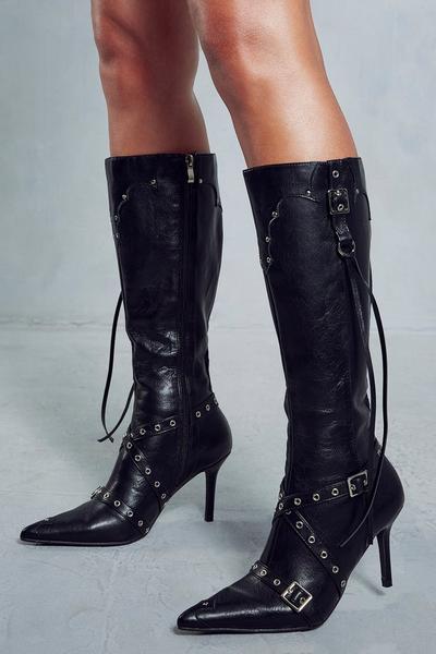 Leather Look Buckle Detail Knee High Boots