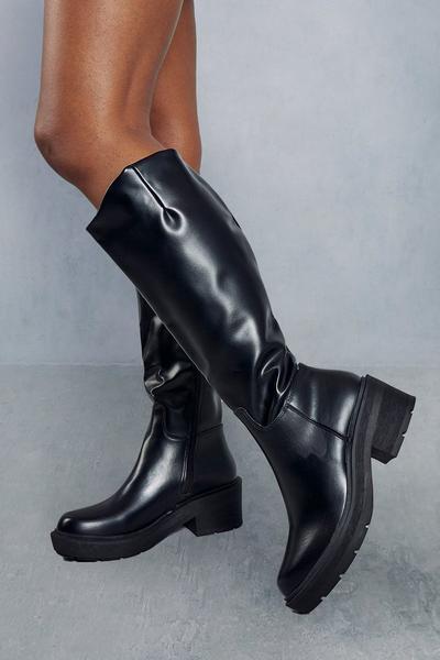 Leather Look Knee High Flat Boots