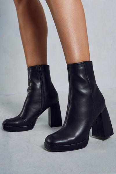 Leather Look Block Heel Ankle Boots