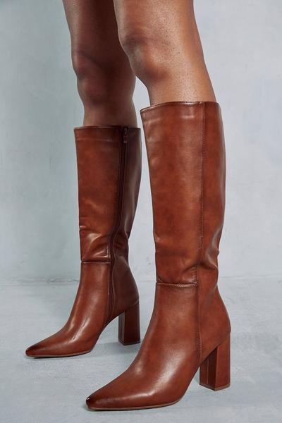 Leather Look Block Heel Knee High Boots