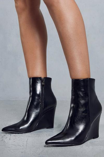 Leather Look Wedge Heel Ankle Boots