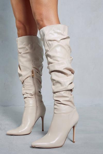 Leather Look Ruched Heeled Boots