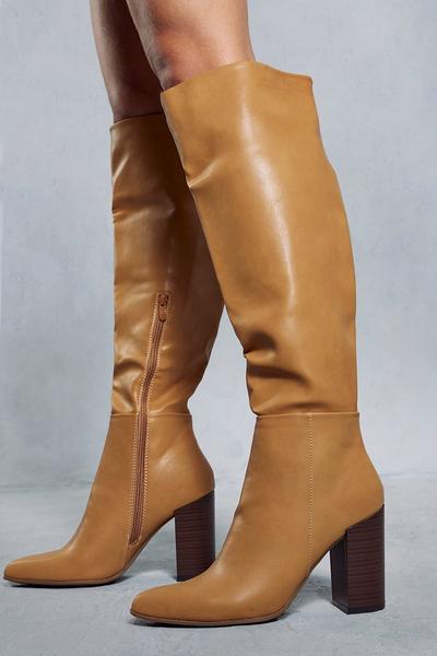 Leather Look Knee High Block Heel Boots