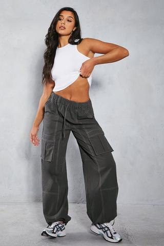 Charcoal Grey Peach Skin Low Rise Tailored Pants