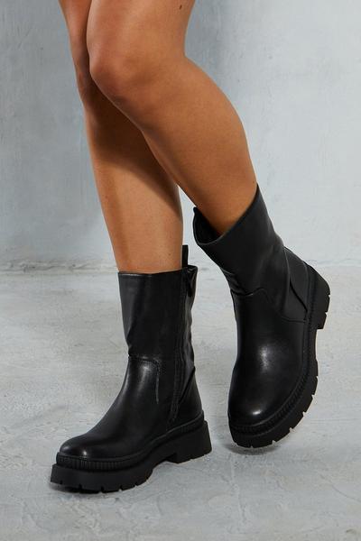 Leather Look Flat Ankle Boots