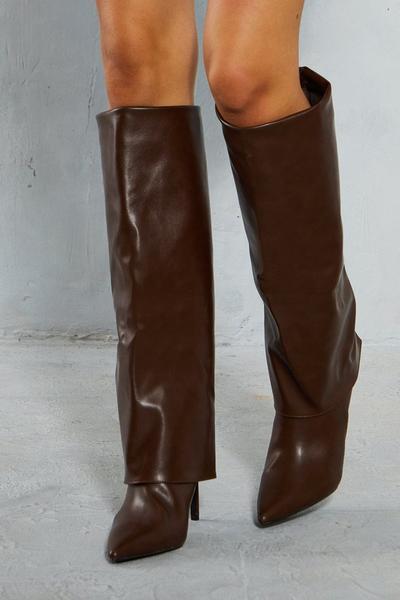 Leather Look Fold Over Knee High Boots