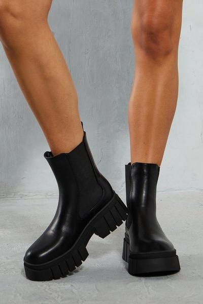 Leather Look Chunky Sole Ankle Boots