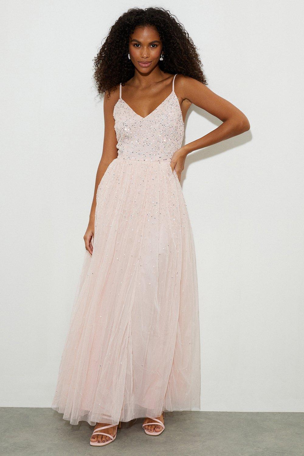 Embellished Strappy Tulle Maxi  Dress