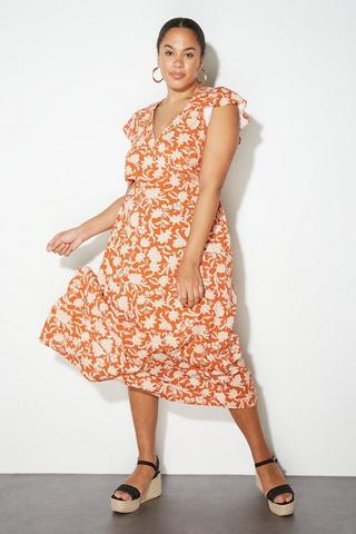 Product Curve Floral Ruffle Sleeve Button Midi Dress rust