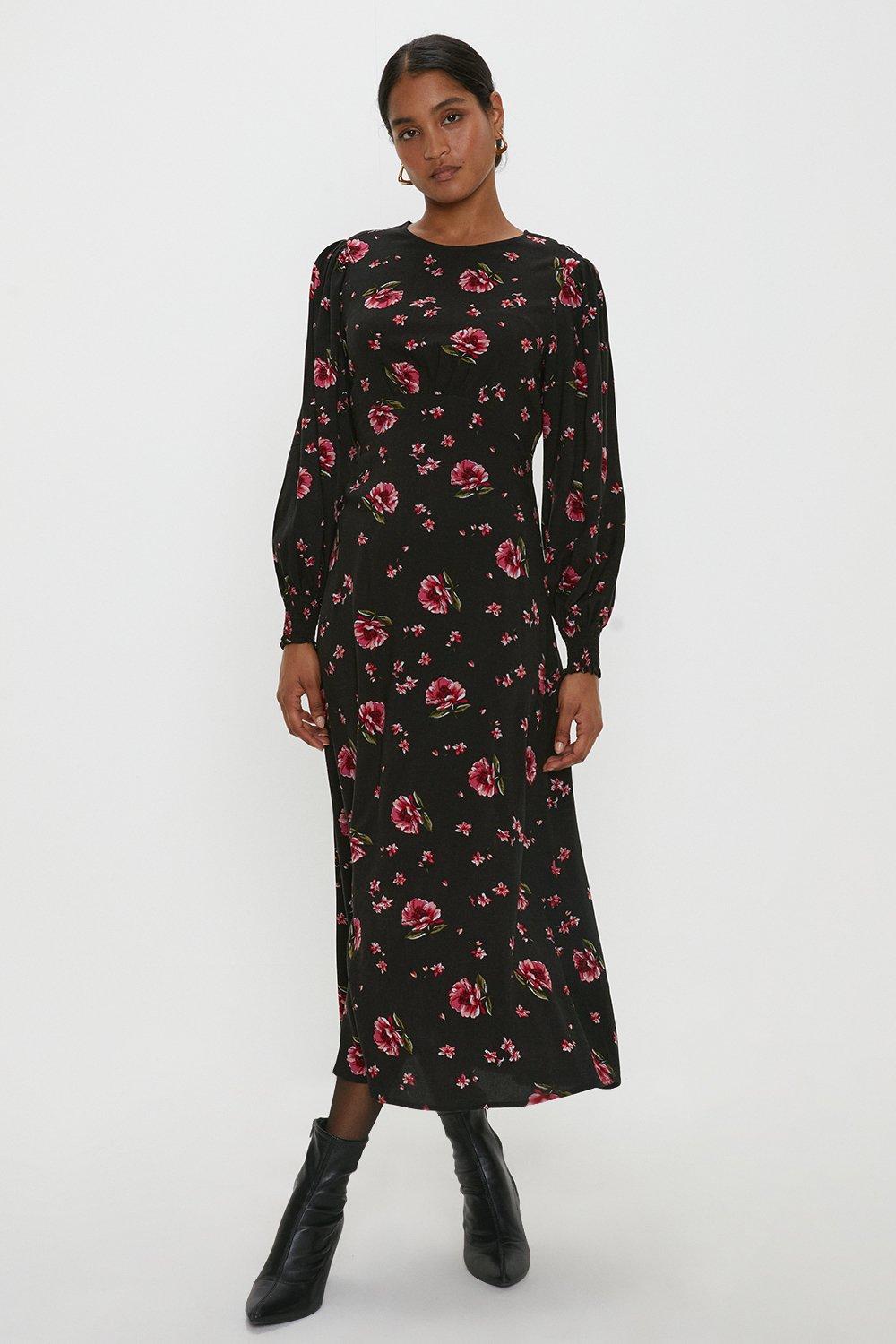 Floral Long Sleeve Shirred Cuff Midi Dress